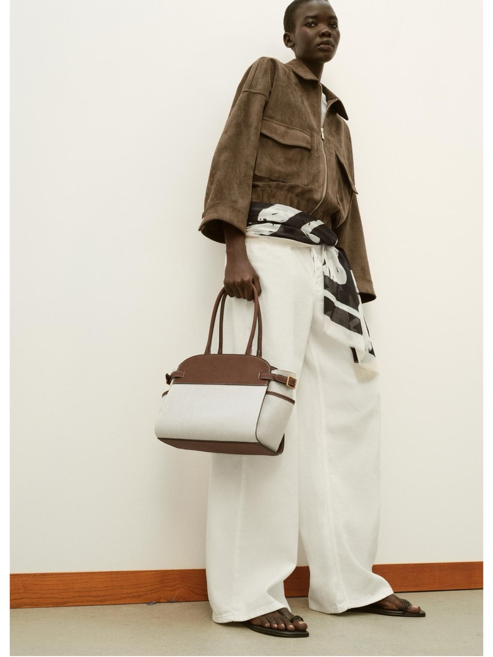 Zara Brown and Cream Dual-Tone Structured Tote